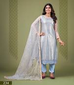 Turquoise thread embroidery net salwar