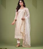 Cream thread embroidery net salwar