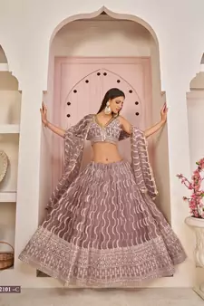 Pink embroidered net semi stitched lehenga