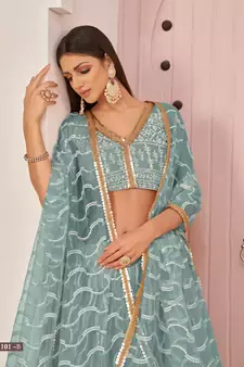 Blue embroidered net semi stitched lehenga