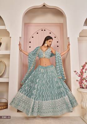 Blue embroidered net semi stitched lehenga 4