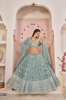 Blue embroidered net semi stitched lehenga