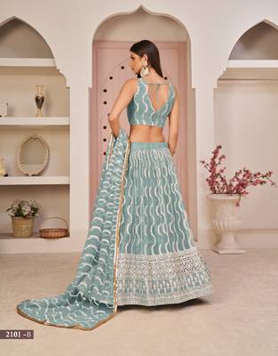 Blue embroidered net semi stitched lehenga 5