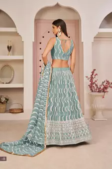 Blue embroidered net semi stitched lehenga