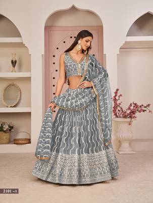 Grey embroidered net semi stitched lehenga 2