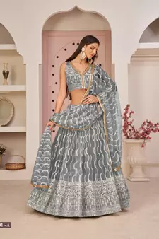 Grey embroidered net semi stitched lehenga