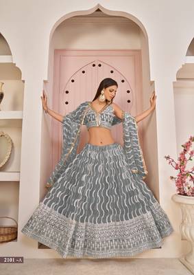 Grey embroidered net semi stitched lehenga 3