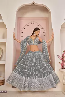 Grey embroidered net semi stitched lehenga
