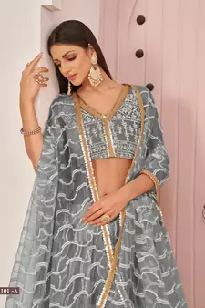 Grey embroidered net semi stitched lehenga