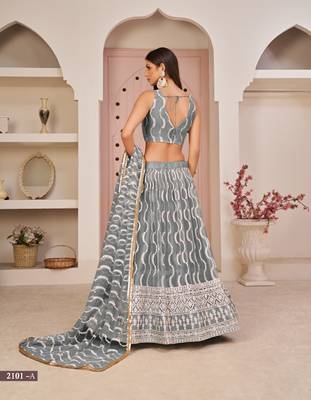 Grey embroidered net semi stitched lehenga 5