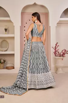 Grey embroidered net semi stitched lehenga