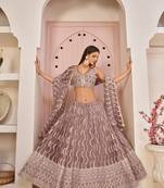 Pink embroidered net semi stitched lehenga