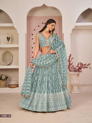 Blue embroidered net semi stitched lehenga 1