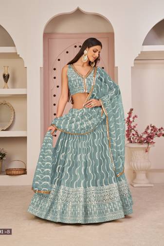 Blue embroidered net semi stitched lehenga