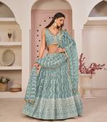 Blue embroidered net semi stitched lehenga