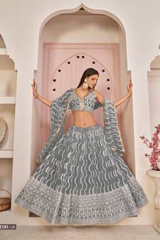 Grey embroidered net semi stitched lehenga