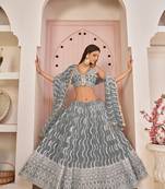 Grey embroidered net semi stitched lehenga