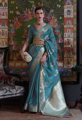 Teal Woven Organza Saree With Blouse 1