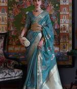 Teal Woven Organza Saree With Blouse