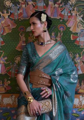 Teal Woven Organza Saree With Blouse 2
