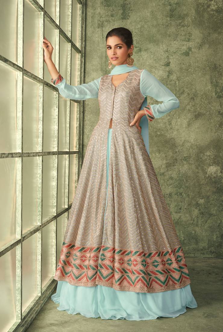 Sky-blue embroidered georgette salwar