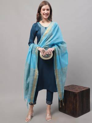 Blue embroidered silk blend Kurta Pant With Dupatta 1