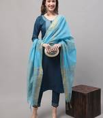 Blue embroidered silk blend Kurta Pant With Dupatta