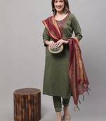 Mehendi embroidered silk blend Kurta Pant With Dupatta
