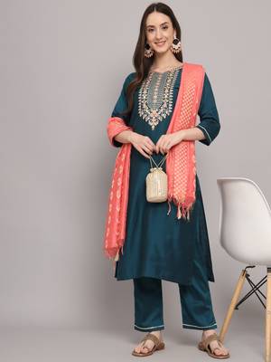 Rani-pink embroidered cotton silk Kurta Pant With Dupatta 1