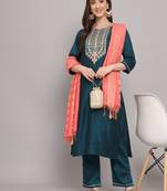 Rani-pink embroidered cotton silk Kurta Pant With Dupatta