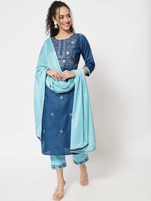 Blue embroidered cotton Kurta Pant With Dupatta 1