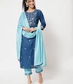 Blue embroidered cotton Kurta Pant With Dupatta