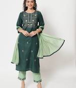 Green embroidered cotton Kurta Pant With Dupatta