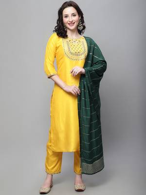 Yellow embroidered silk blend Kurta Pant With Dupatta 1
