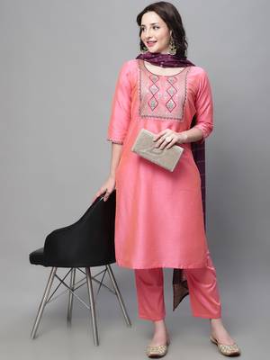Pink embroidered cotton silk Kurta Pant With Dupatta 1