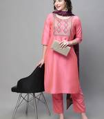 Pink embroidered cotton silk Kurta Pant With Dupatta