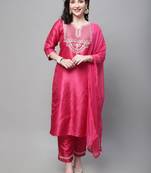 Rani-pink embroidered silk blend Kurta Pant With Dupatta
