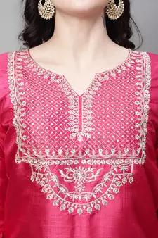 Rani-pink embroidered silk blend Kurta Pant With Dupatta