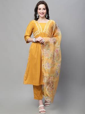 Mustard embroidered silk blend Kurta Pant With Dupatta 1