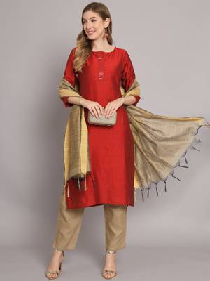 Maroon embroidered silk blend Kurta Pant With Dupatta 1