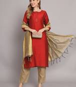 Maroon embroidered silk blend Kurta Pant With Dupatta