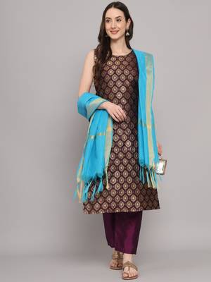 Purple jacquard cotton silk Kurta Pant With Dupatta 1