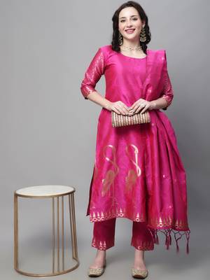 Rani-pink jacquard cotton silk Kurta Pant With Dupatta 1