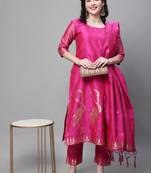 Rani-pink jacquard cotton silk Kurta Pant With Dupatta