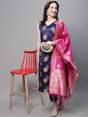 Navy-blue jacquard cotton silk Kurta Pant With Dupatta 1
