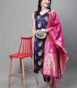 Navy-blue jacquard cotton silk Kurta Pant With Dupatta