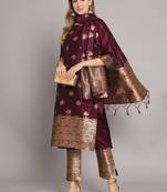 Purple jacquard cotton silk Kurta Pant With Dupatta