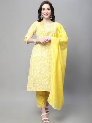 Yellow printed cotton Kurta Pant With Dupatta 1