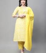Yellow printed cotton Kurta Pant With Dupatta