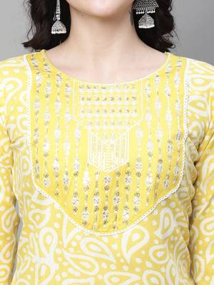 Yellow printed cotton Kurta Pant With Dupatta 2